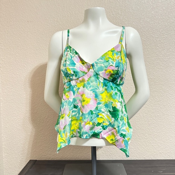 • Women's Satin Handkerchief Hem Tank Top • Floral • Lime Green • Large • - Picture 3 of 3
